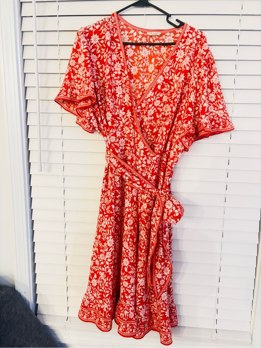Max Studio Red Floral Wrap Dress with White Print.  Accented beautifully